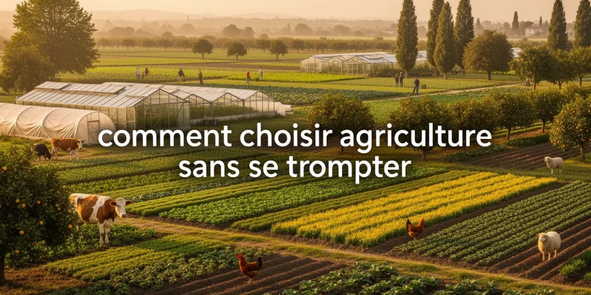 Paysage agricole diversifié avec champs, serres, animaux et le mot comment choisir agriculture sans se tromper