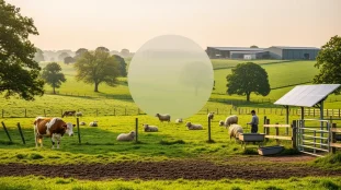 Vue elevage durable animaux en liberte et infrastructures modernes