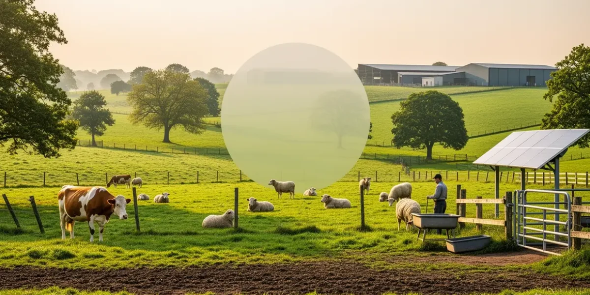Vue elevage durable animaux en liberte et infrastructures modernes