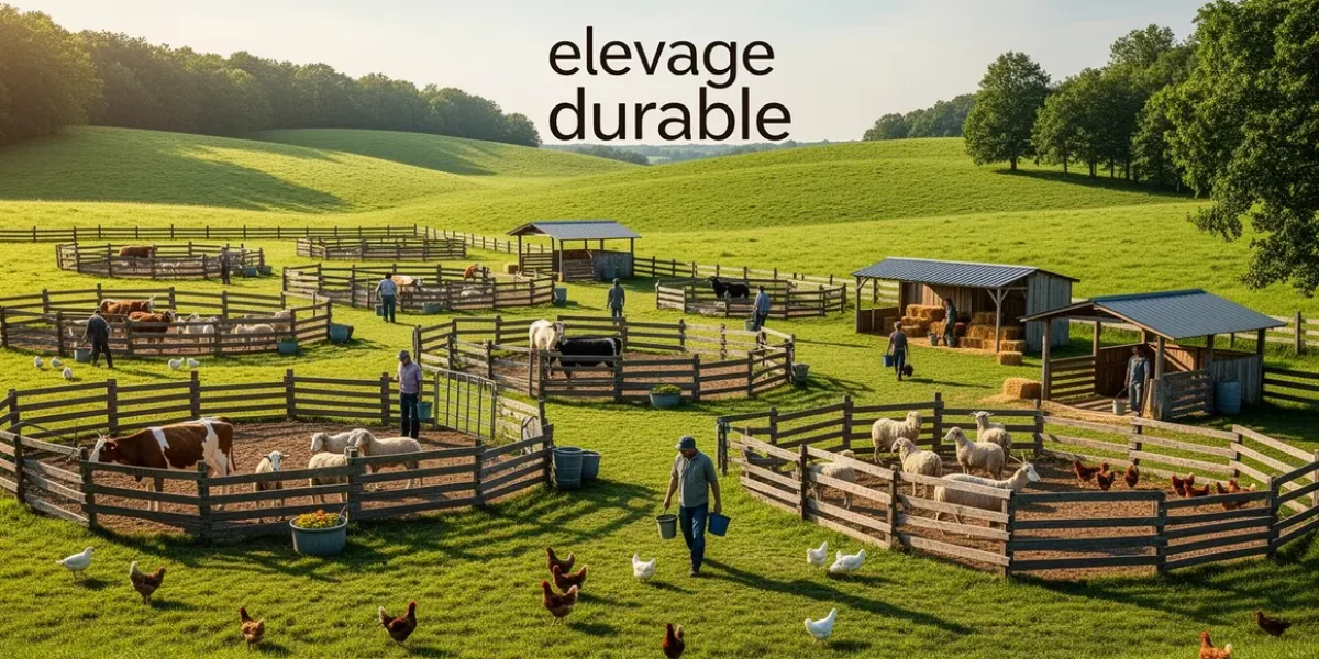 Vue harmonieuse d'enclos animaux et champs verts en élevage durable