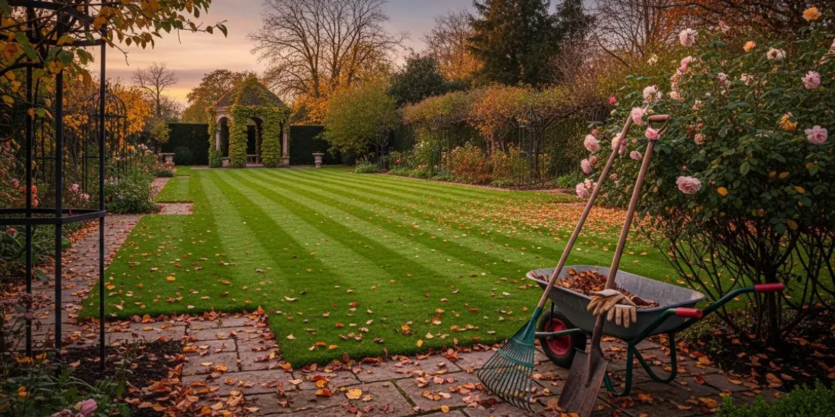vue jardin automne pelouse tondue outils feuilles