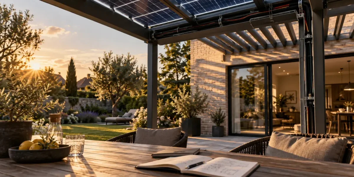 Pergola avec panneau solaire sur terrasse, panneaux photovoltaïques