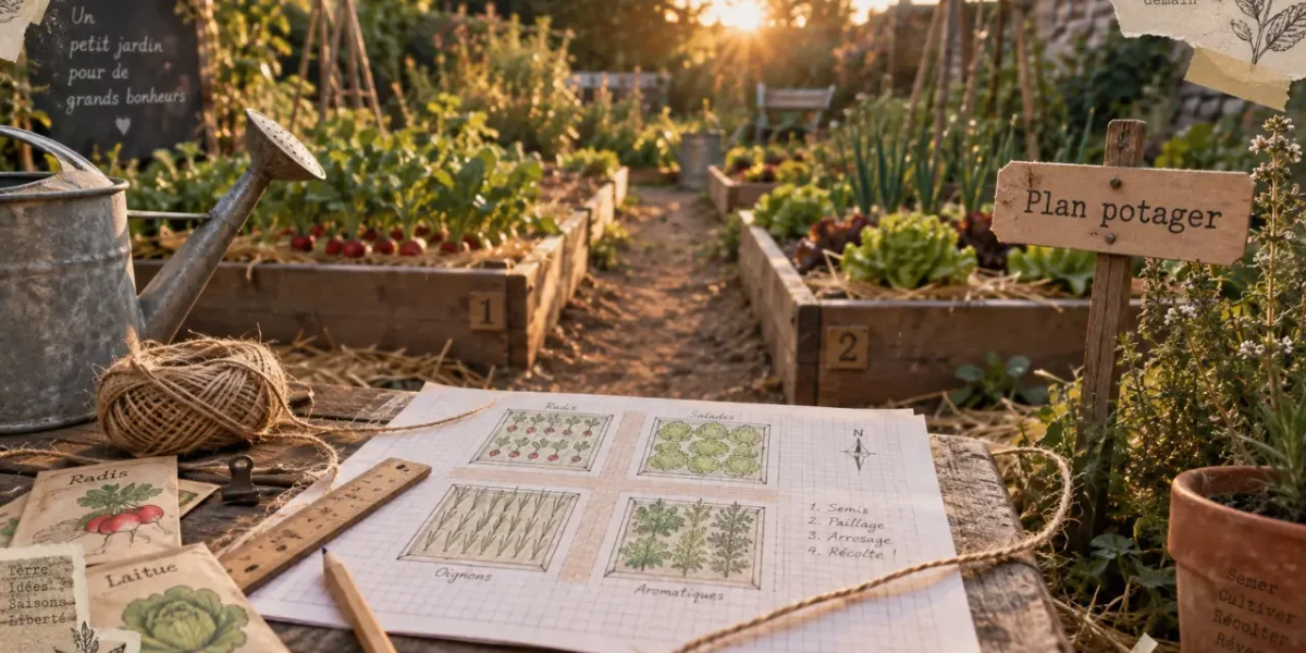 Plan potager debutant sur 4 m², carrés de culture et allées
