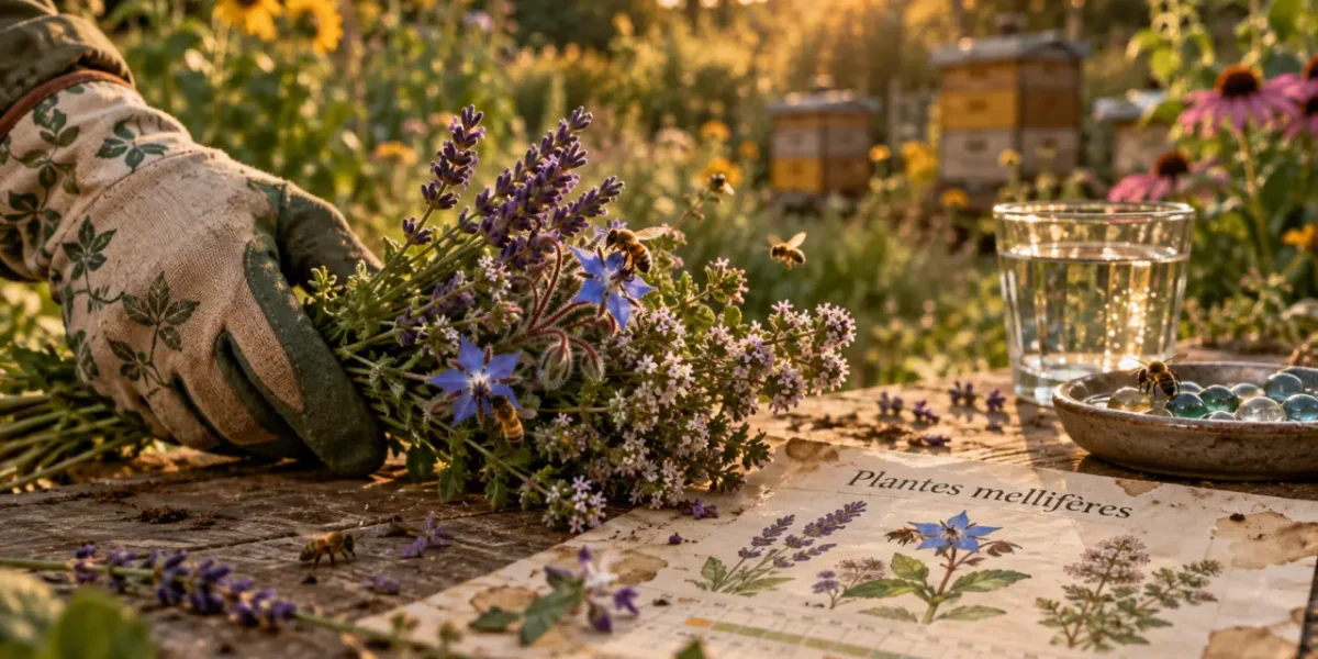 Plante mellifère en fleurs pour abeilles, lavande bourrache thym dans un jardin