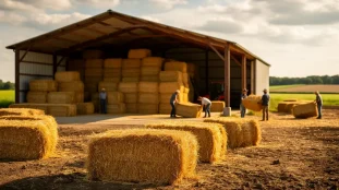 Paysage agricole avec bottes de paille, stockage et agriculteurs