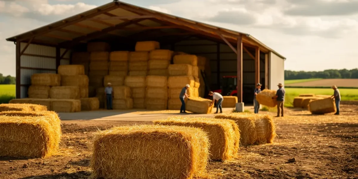 Paysage agricole avec bottes de paille, stockage et agriculteurs
