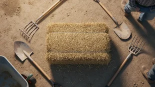 Botte de paille rectangulaire avec outils agricoles, poids en texte