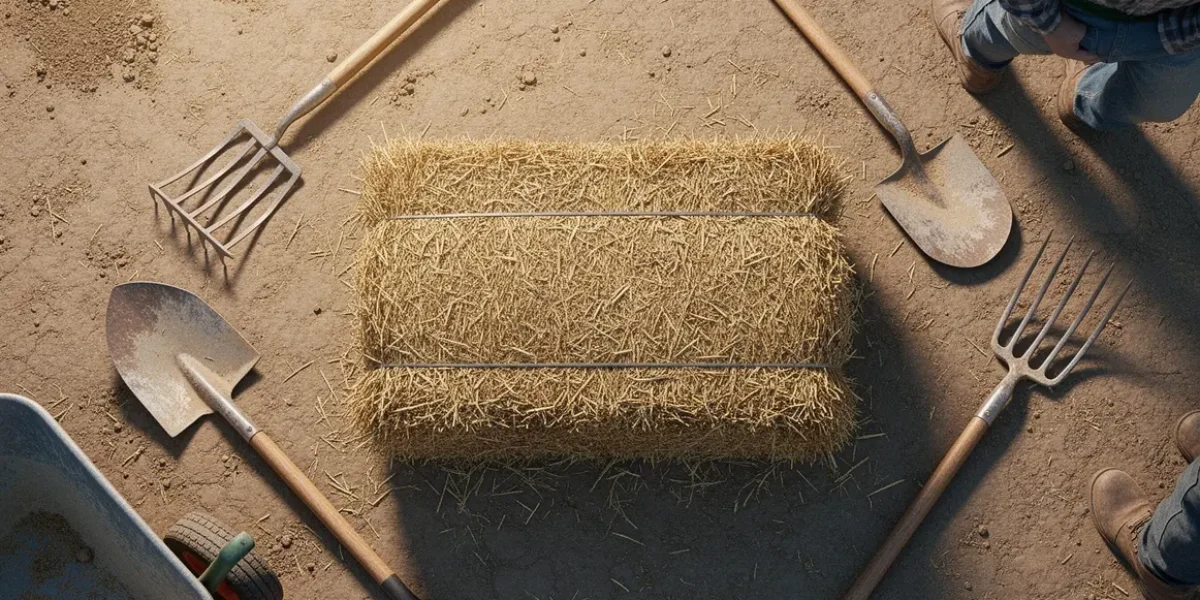 Botte de paille rectangulaire avec outils agricoles, poids en texte