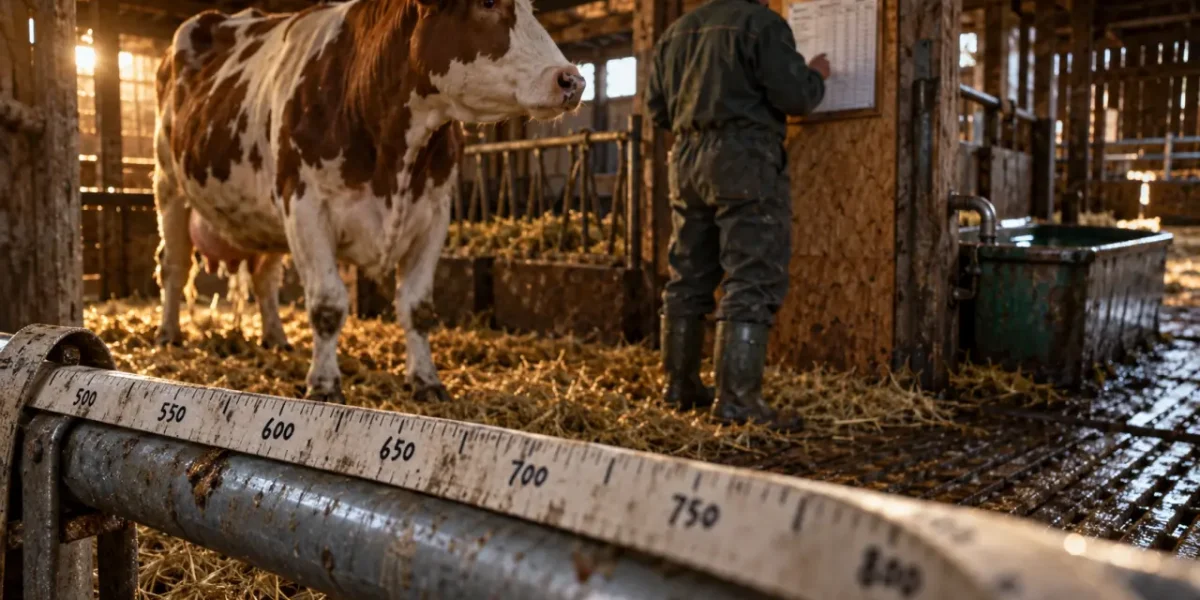 Pesée poids vache en étable, ruban barymétrique et fiche de contrôle