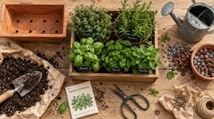 Potager aromatique : thym, romarin, basilic, persil et menthe au soleil