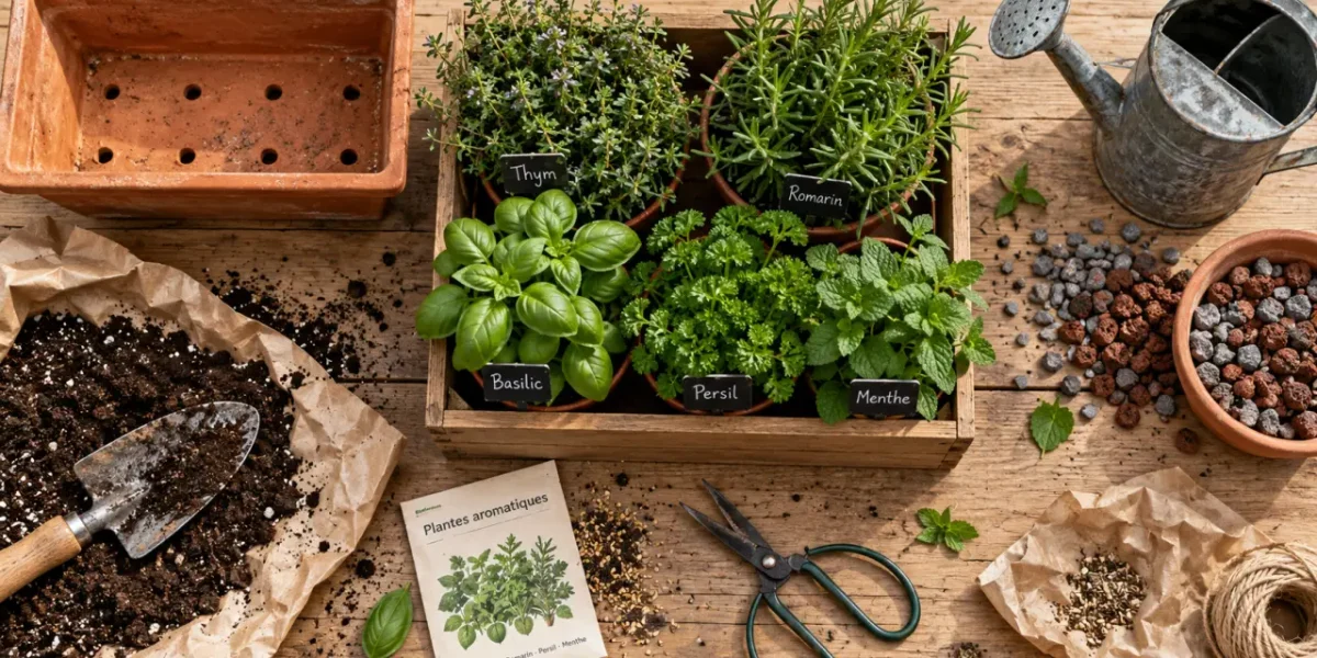 Potager aromatique : thym, romarin, basilic, persil et menthe au soleil