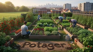 vue potager varié, bacs, carres, personnages, mix rural urbain