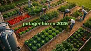 Vue d'ensemble potager bio en 2026 moderne paillage eau