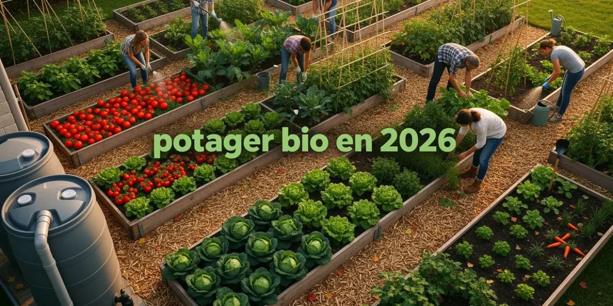 Vue d'ensemble potager bio en 2026 moderne paillage eau