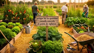 Panorama potager bio luxuriant allées paillées jardiniers pancarte conseils