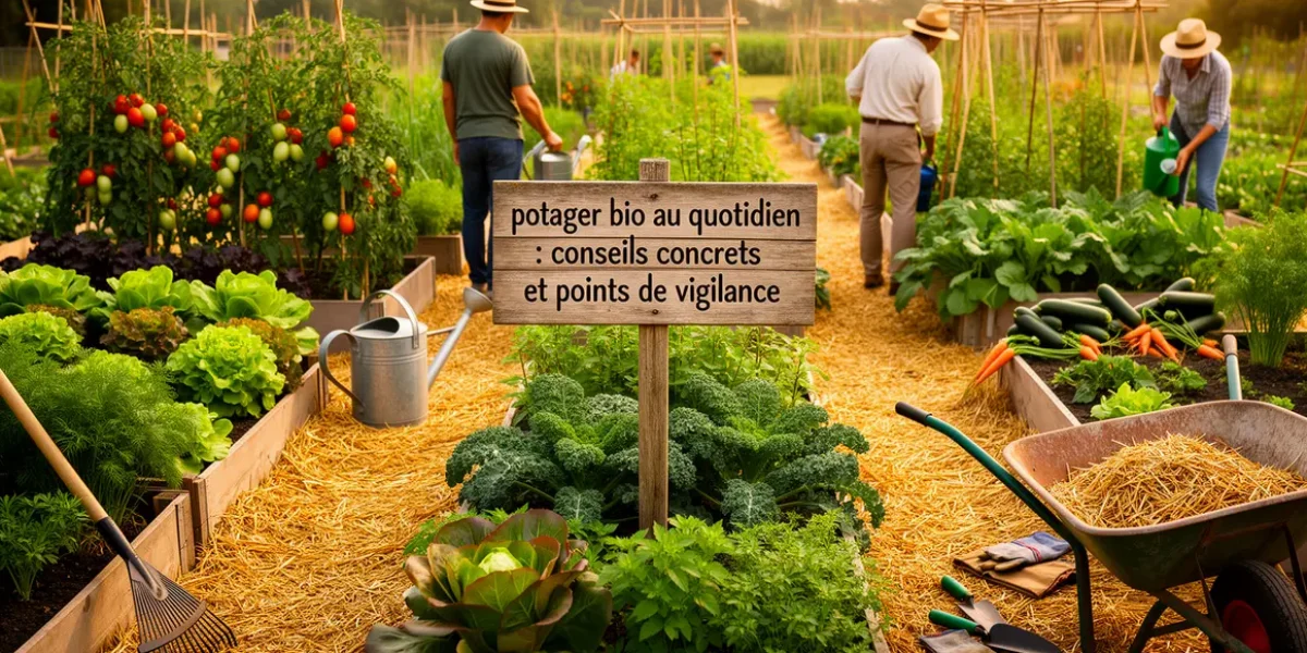 Panorama potager bio luxuriant allées paillées jardiniers pancarte conseils