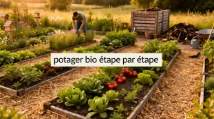 Vue réaliste d’un potager bio diversifié avec paillage et biodiversité