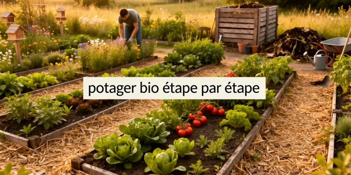 Vue réaliste d’un potager bio diversifié avec paillage et biodiversité