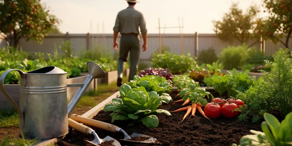 Vue d’un potager bio structuré avec outils, arrosoir et soleil