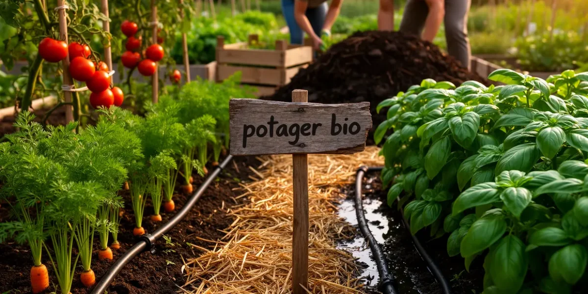 scene potager bio avec carottes tomates basilic compost paillage goutte a goutte