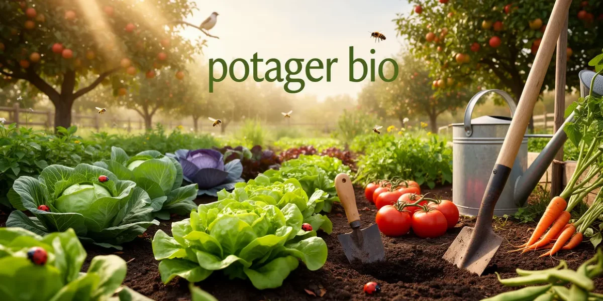 potager bio luxuriant avec légumes arbres outils et faune