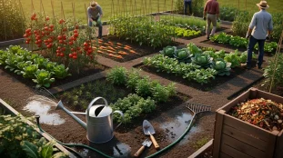 Vue d'un potager bio moderne avec modules et outils