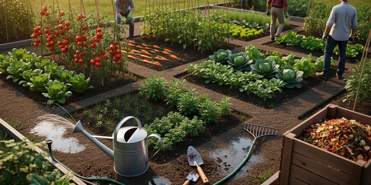 Vue d'un potager bio moderne avec modules et outils