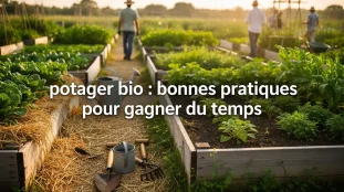 potager bio bien organisé avec paillage et jardiniers