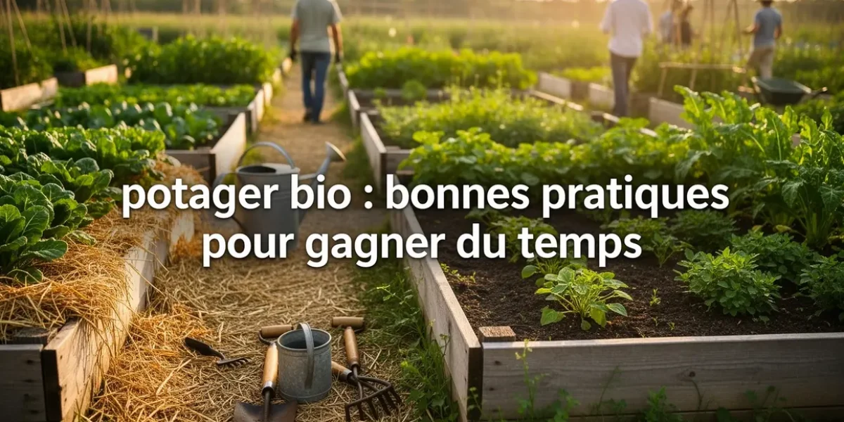 potager bio bien organisé avec paillage et jardiniers