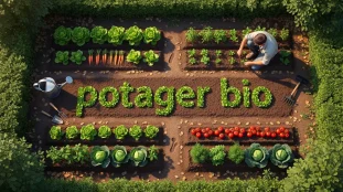 Potager bio rangs légumes outils haies vue dessus