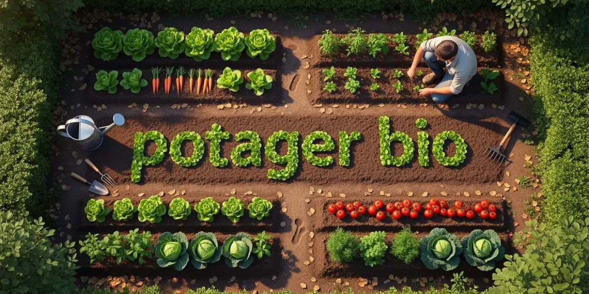 Potager bio rangs légumes outils haies vue dessus