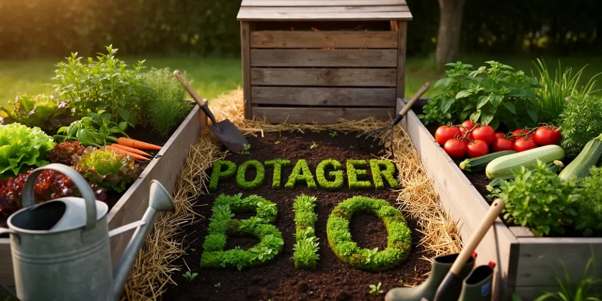 petit potager bio avec planches legumes paillage outils