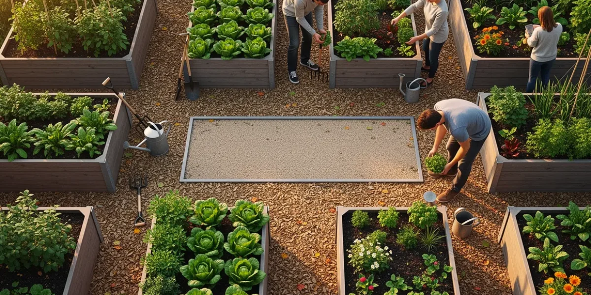 potager bio moderne vu du dessus avec outils et texte central
