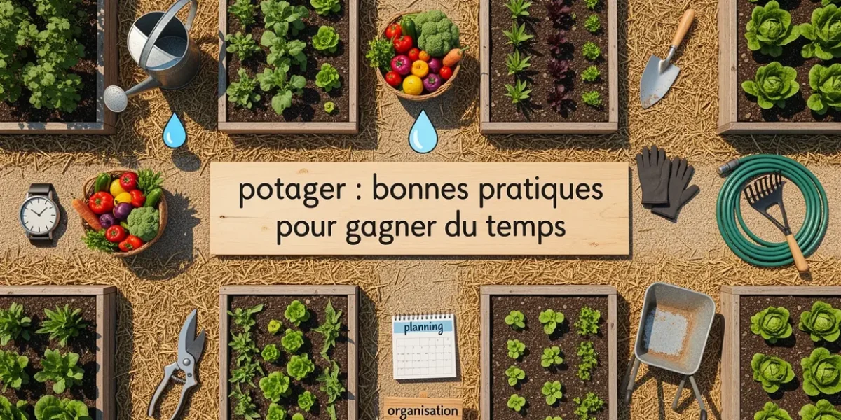 Vue aérienne potager organisé, outils et symboles gains de temps