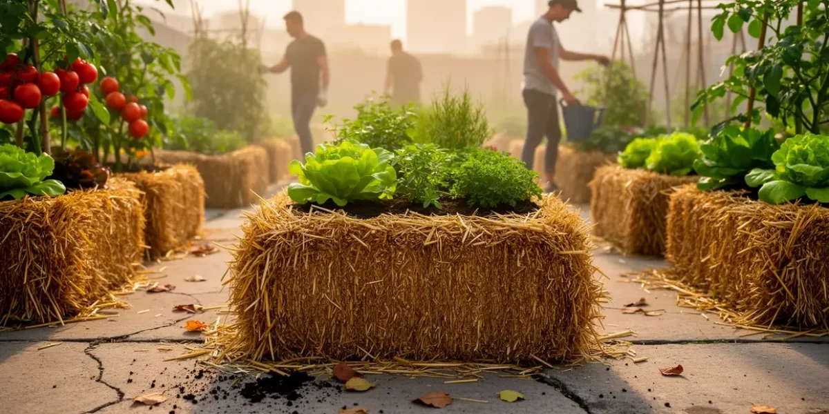 Potager sur bottes de paille en terrain béton