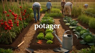 Grand potager organisé avec divers légumes et outillage jardinage
