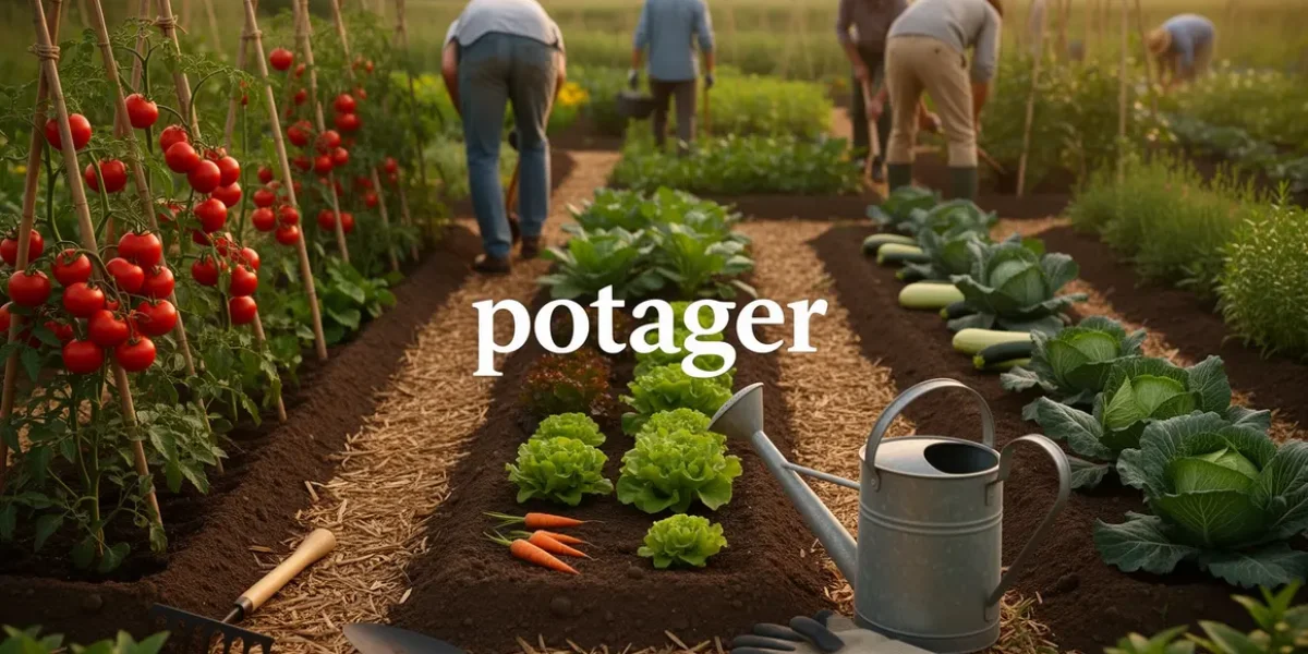 Grand potager organisé avec divers légumes et outillage jardinage