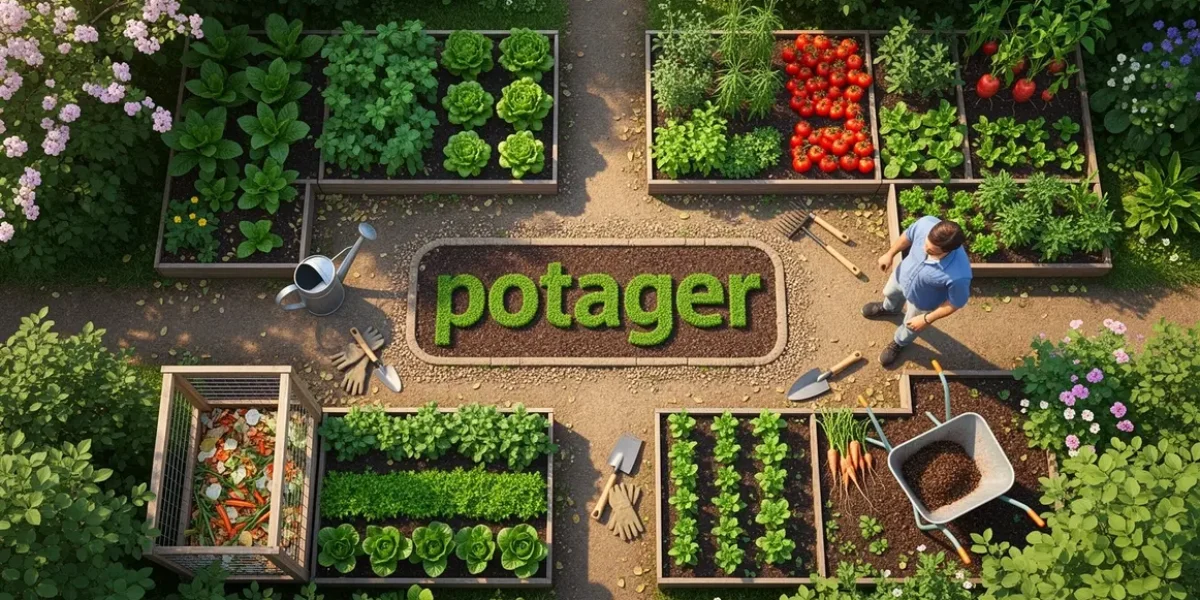 potager vue aerienne jardin outils bacs compost