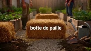 Potager urbain avec bottes de paille et outils, mot botte de paille visible