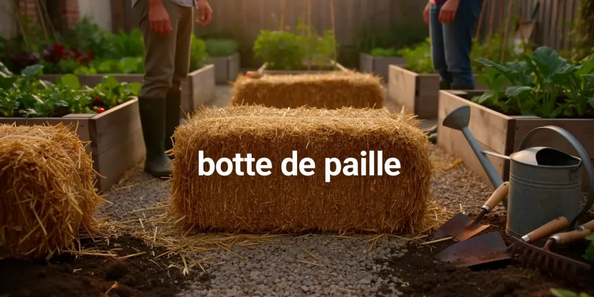 Potager urbain avec bottes de paille et outils, mot botte de paille visible