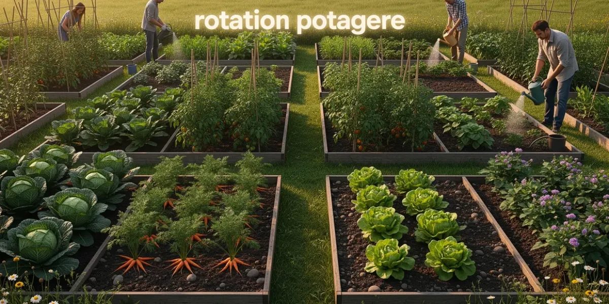 Rotation potagère, parcelles, légumes variés, sol fertile