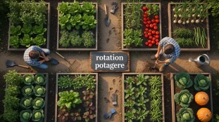 Petit potager carré en rotation potagère, vue globale photo réaliste