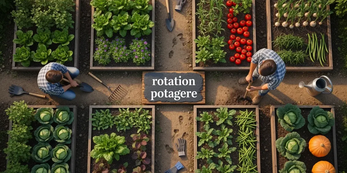 Petit potager carré en rotation potagère, vue globale photo réaliste