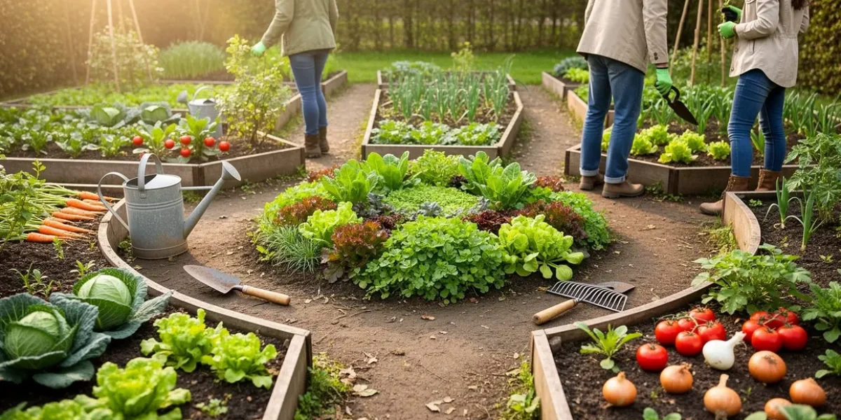 rotation potagere dans petit potager avec zones delimitees et outils simples