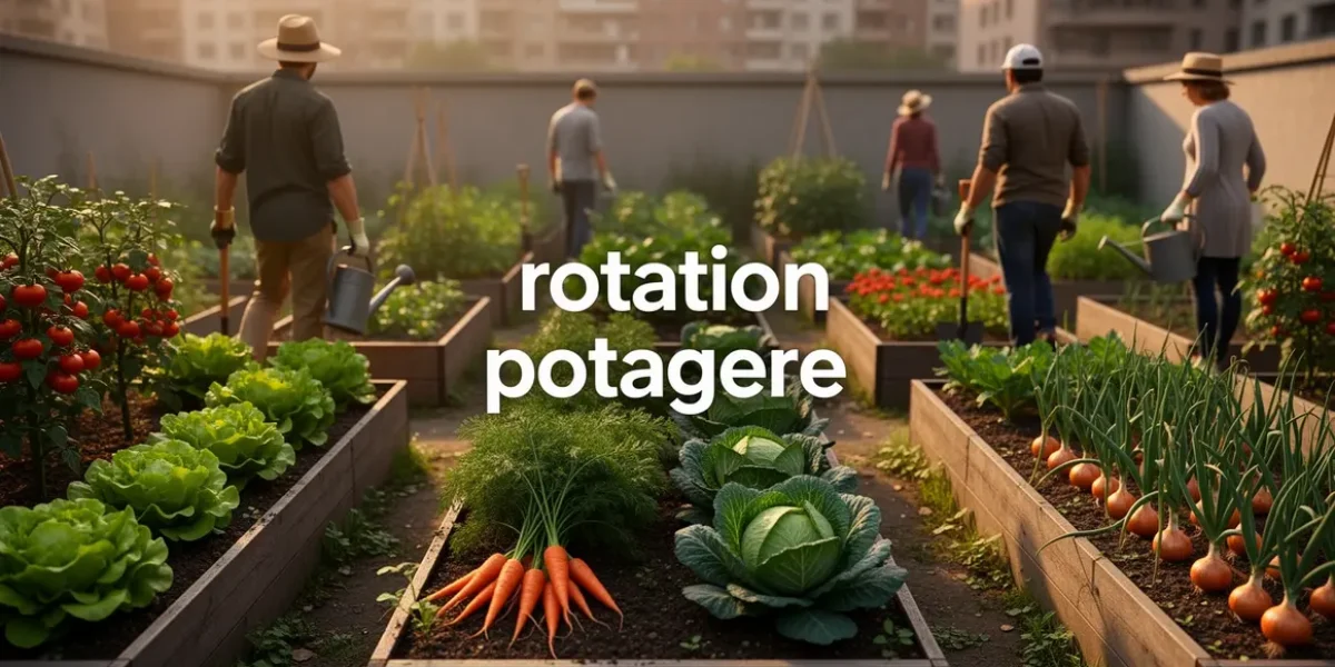 Potager urbain avec rotation potagère, jardiniers et légumes variés