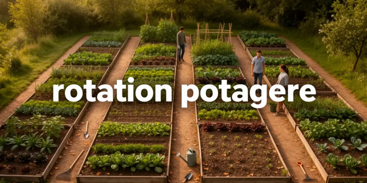 Vue de potager divisé en parcelles, texte rotation potagère