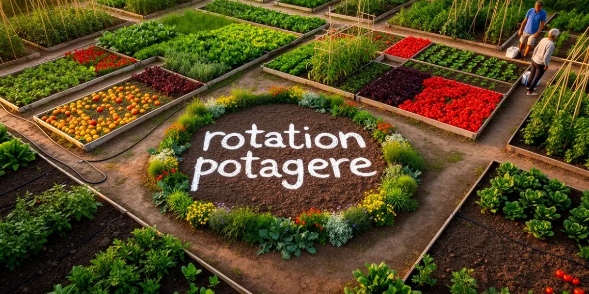 Vue aerienne rotation potagere parcelles legumes
