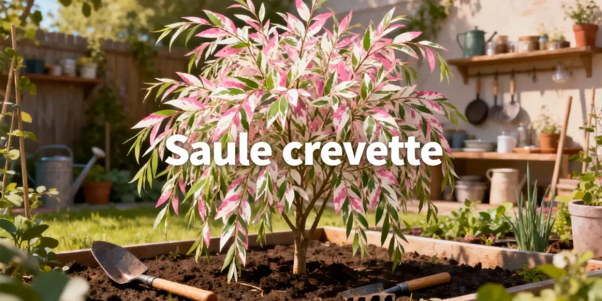 Illustration saule crevette Hakuro Nishiki feuillage panaché outils jardin