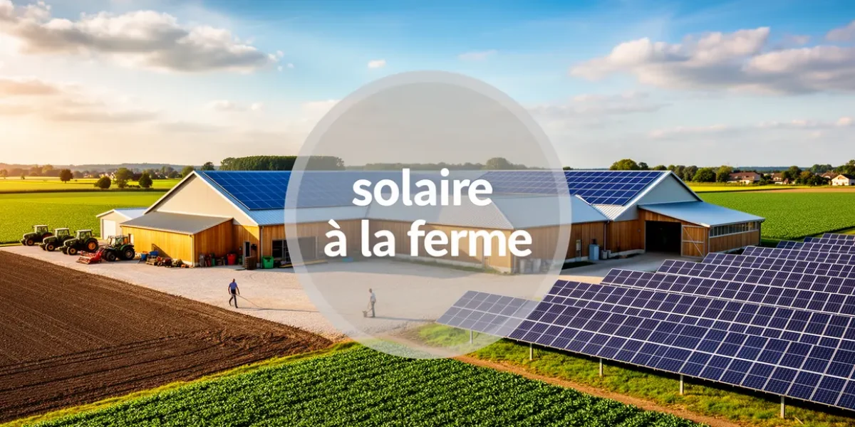 Ferme avec panneaux solaires sur toit et sol sous ciel bleu