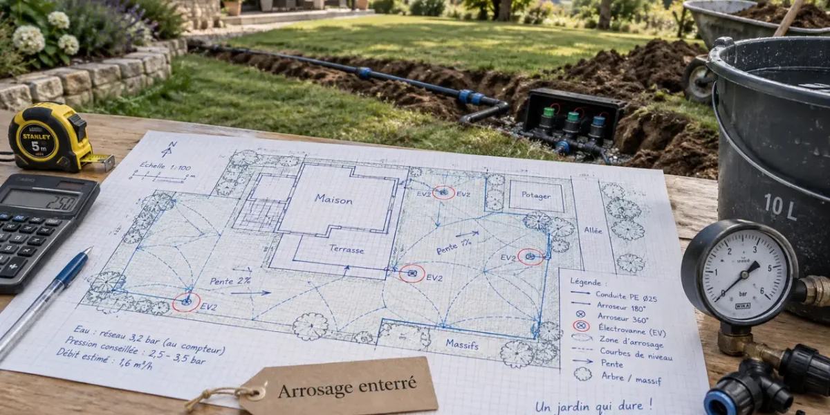 Schéma arrosage automatique enterré : plan de jardin, électrovannes, zones sèches et débit